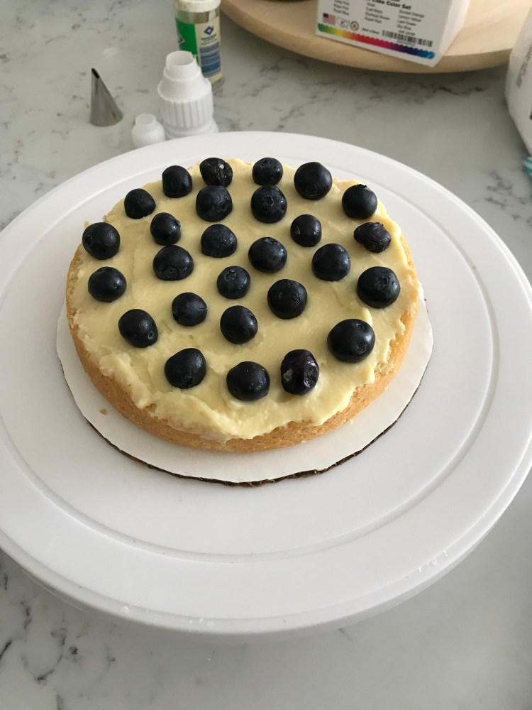 Cake layer with pastry cream and blueberries